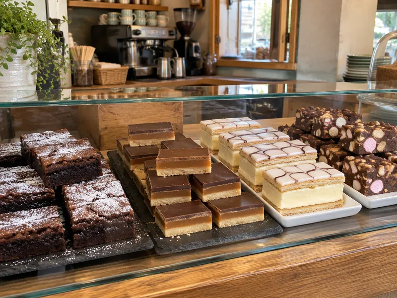 Brownies, caramel squares and vanilla slices in a café display