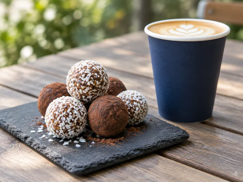 Flat white in a takeaway cup beside protein balls