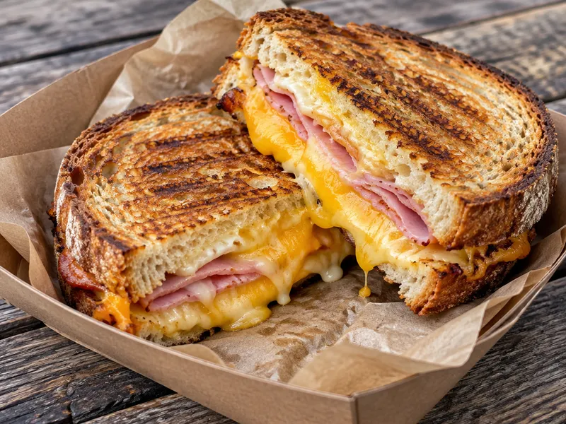 Ham and cheese sourdough toastie cut in half