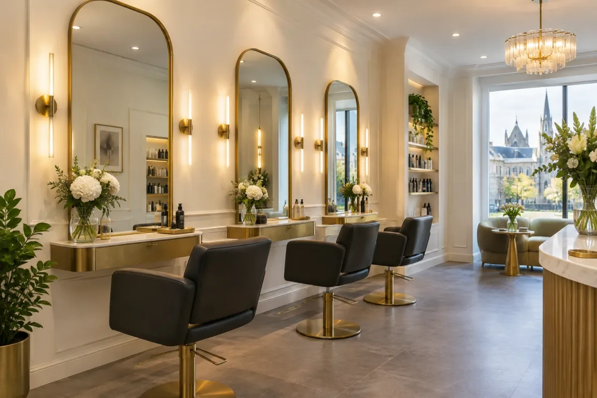 Salon interior with charcoal chairs and gold mirrors
