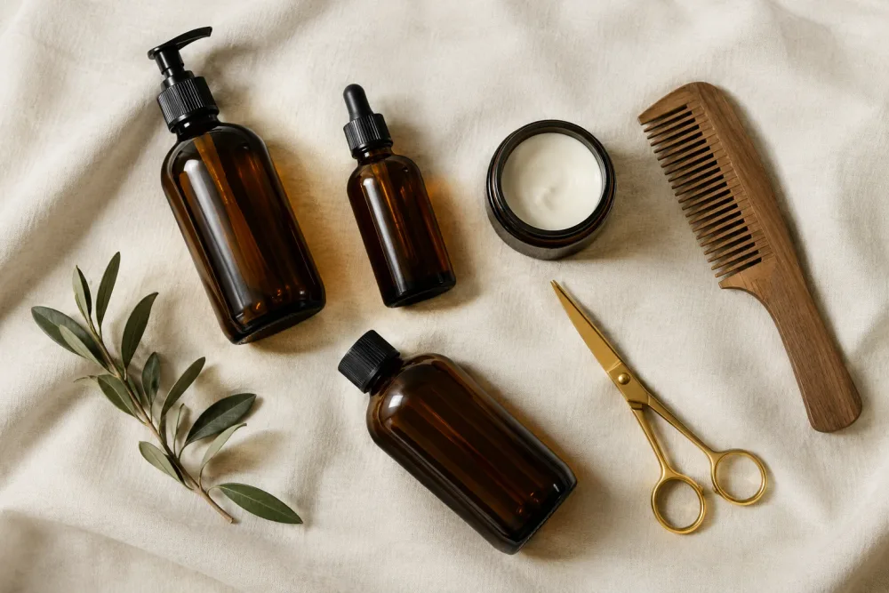 Amber glass hair care bottles, a comb and gold scissors on linen