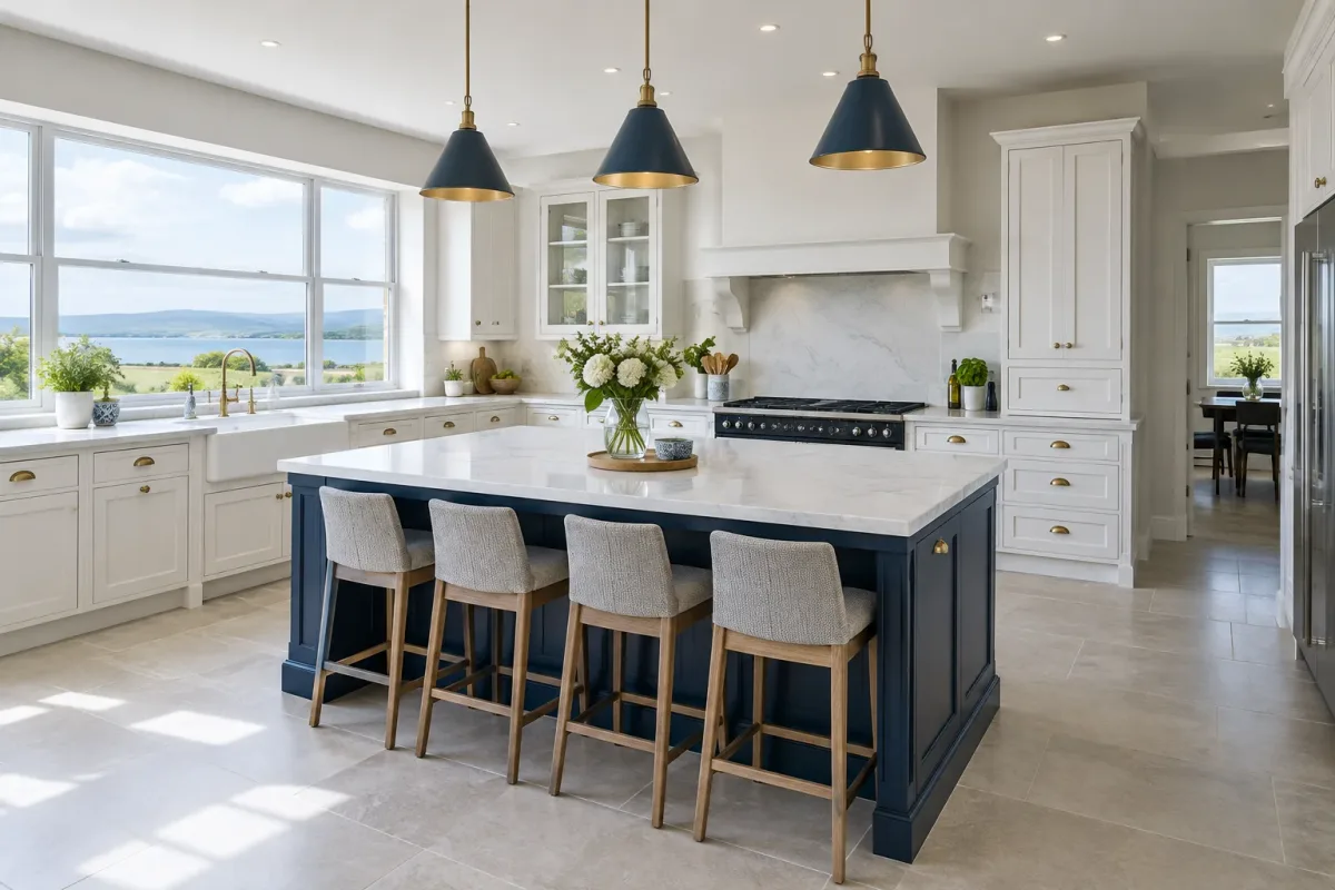 Finished kitchen renovation with a navy island and pendant lights