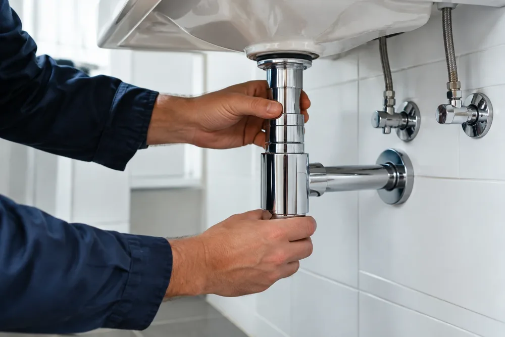 Plumber fitting chrome pipework under a bathroom sink