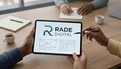 Hands sketching a website wireframe on a tablet during a planning conversation