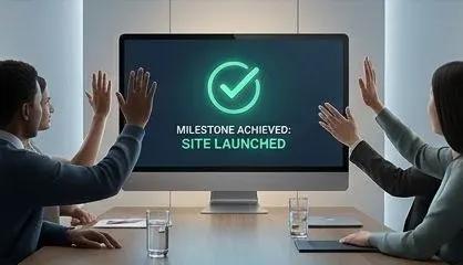 People celebrating in front of a screen showing a site launched message
